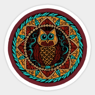 Owl Magic Mandala Turquoise Red and Gold Sticker